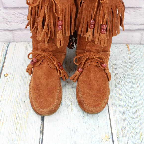 *Minnetonka Brown Suede Lace-up Pull On Fringe Moccasins Booties Size - Picture 5 of 9
